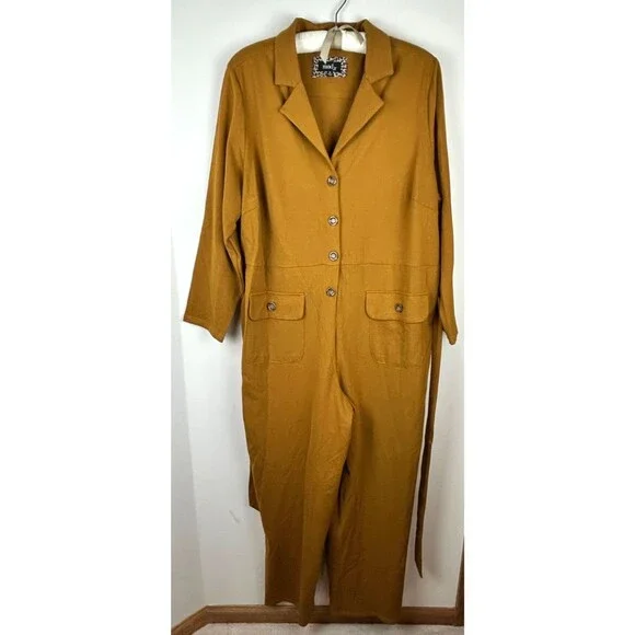 Mod X Womens 3X Mustard Belted Button Up Stretchy Jumpsuit - Picture 1 of 16